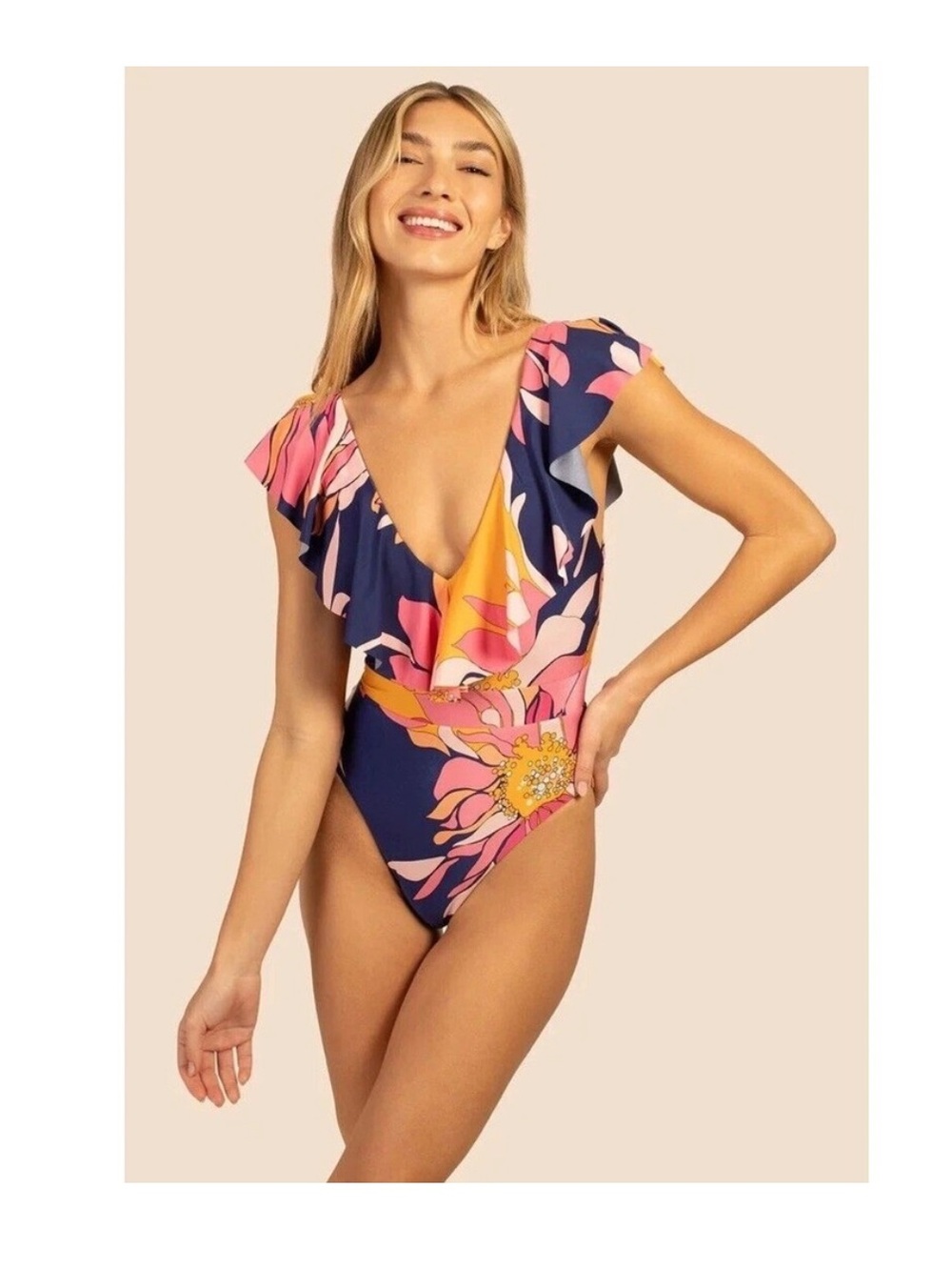 Trina Turk Breeze Ruffle Plunge One Piece Swimsuit Floral Ruffled Size 10 Floral